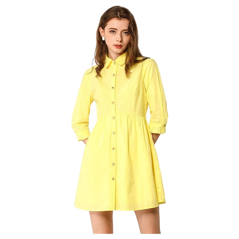 Women's shirt dress with 3/4 sleeves, Size XS, Lemon yellow
